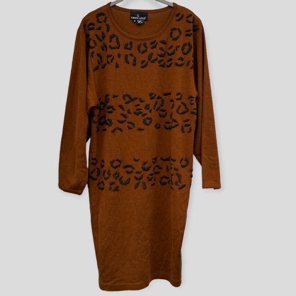 Carole Little Dresses & Skirts - Carole Little Wool Vintage Brown Knit Sweater Dress | Beaded Leopard Embroidery